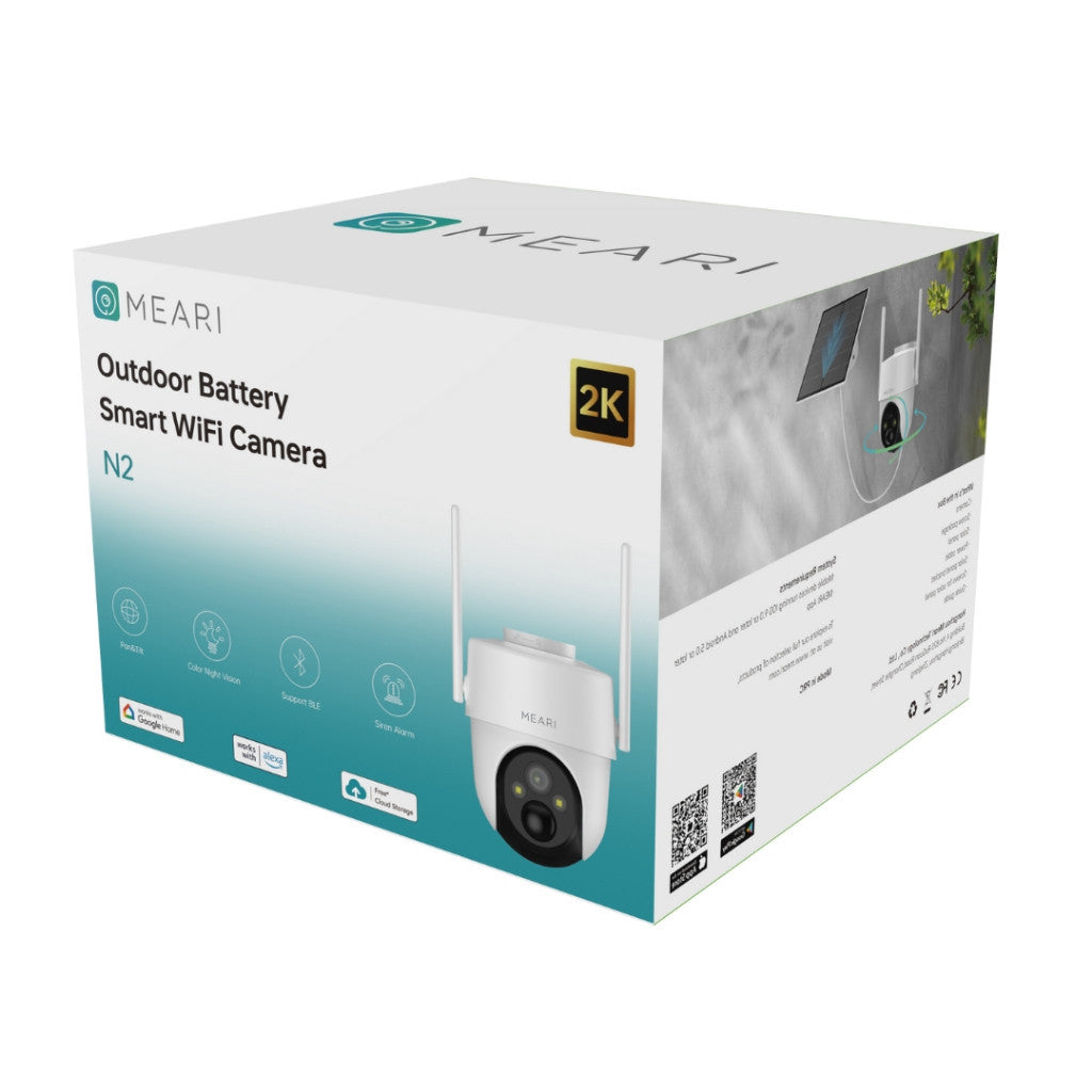Meari N2 กล้องวงจรปิดภายนอก Wi-Fi Battery แบตเตอรี่ภายในกล้อง 5200 mAh มีแผง 5W กล้องวงจรปิดฟรีคราวด์ 10 ปี