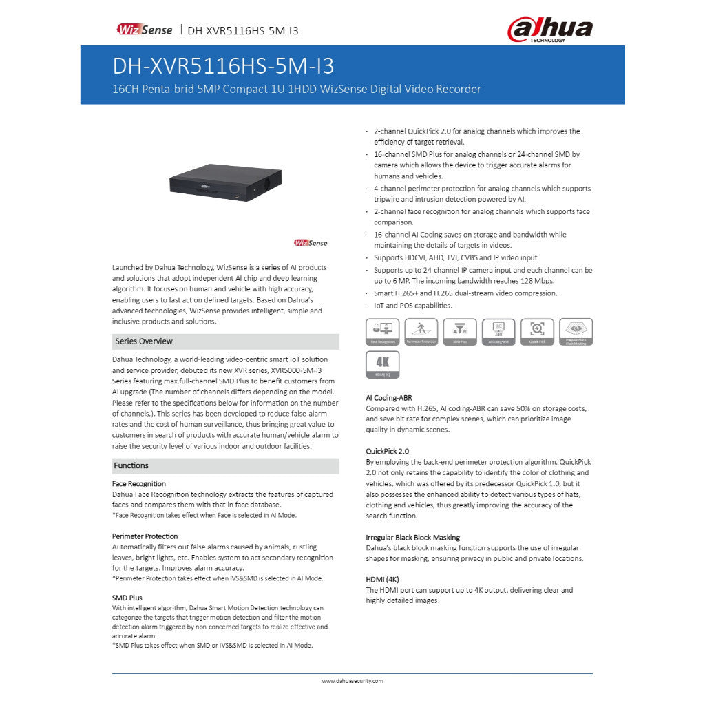 DAHUA XVR5116HS-5M-I3 เครื่องบันทึกภาพกล้องวงจรปิด 16CH รองรับการบันทึกภาพ HD สูงสุด 5MP