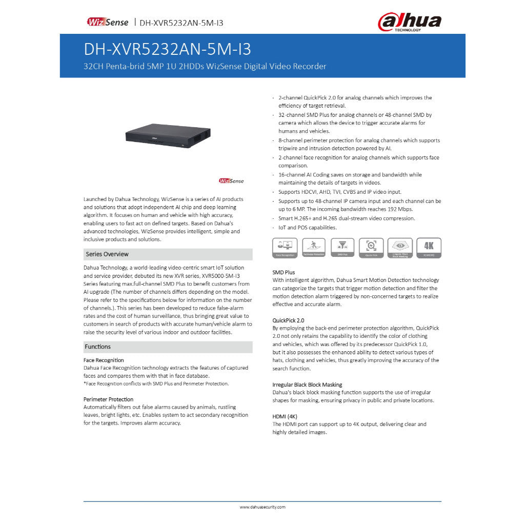 DAHUA XVR5232AN-5M-I3 (32CH) เครื่องบันทึกสำหรับกล้องระบบHD Penta-brid 5MP 2HDDs WizSense