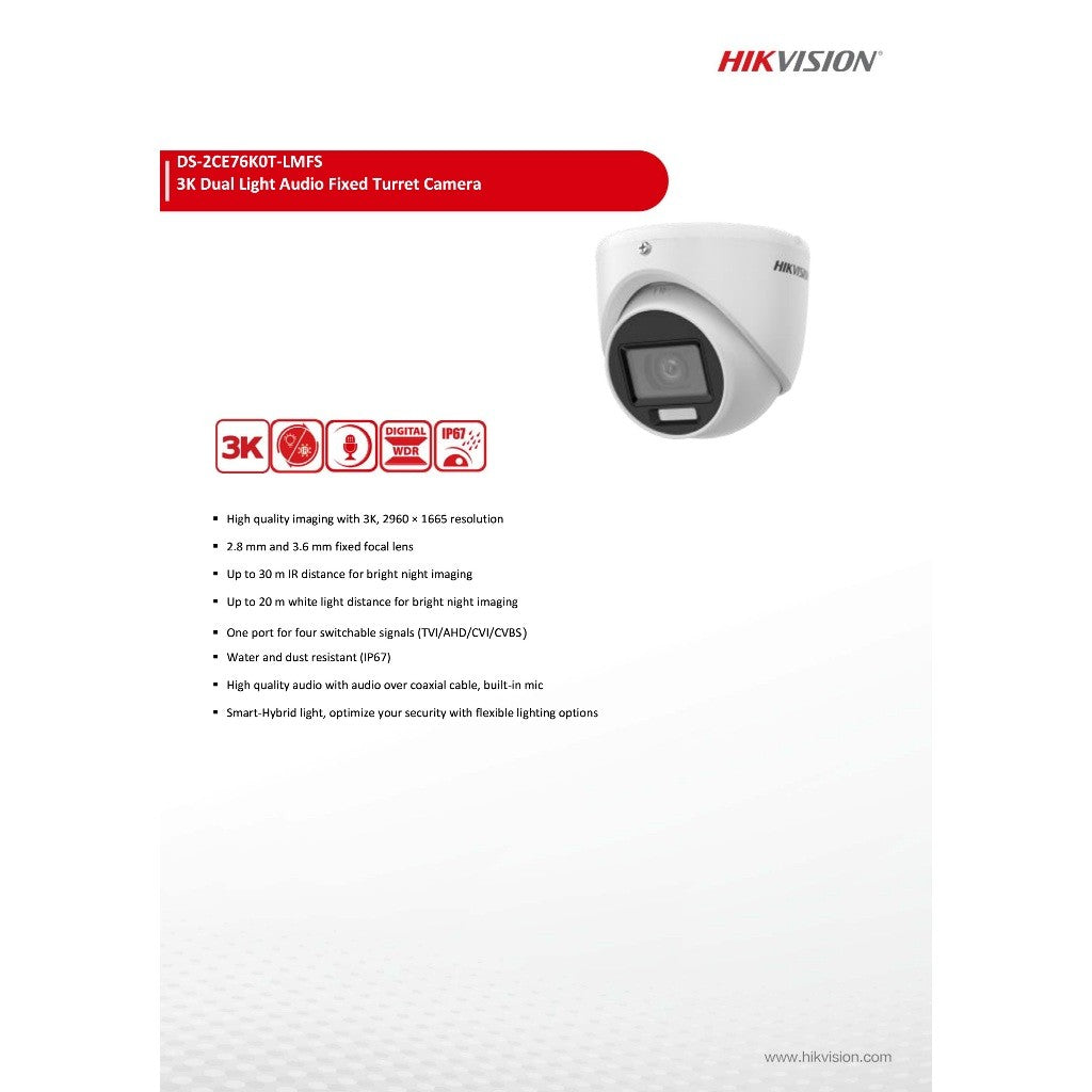 HIKVISION DS-2CE76K0T-LMFS กล้องวงจรปิด ความละเอียด 5MP มีไมค์บันทึกเสียง Smart Hybrid Light
