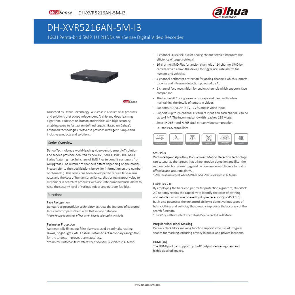 DAHUA XVR5216AN-5M-I3 เครื่องบันทึกกล้องวงจรปิด 16Channel รองรับกล้อง 5MP และกล้องมีไมค์