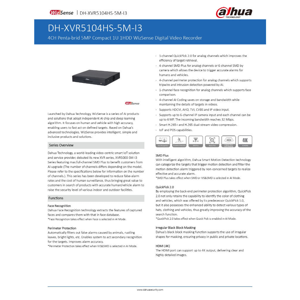 DAHUA DH-XVR5104HS-5M-I3 เครื่องบันทึกกล้องวงจรปิด XVR 4CH รองรับกล้อง 5MP และกล้องมีไมค์