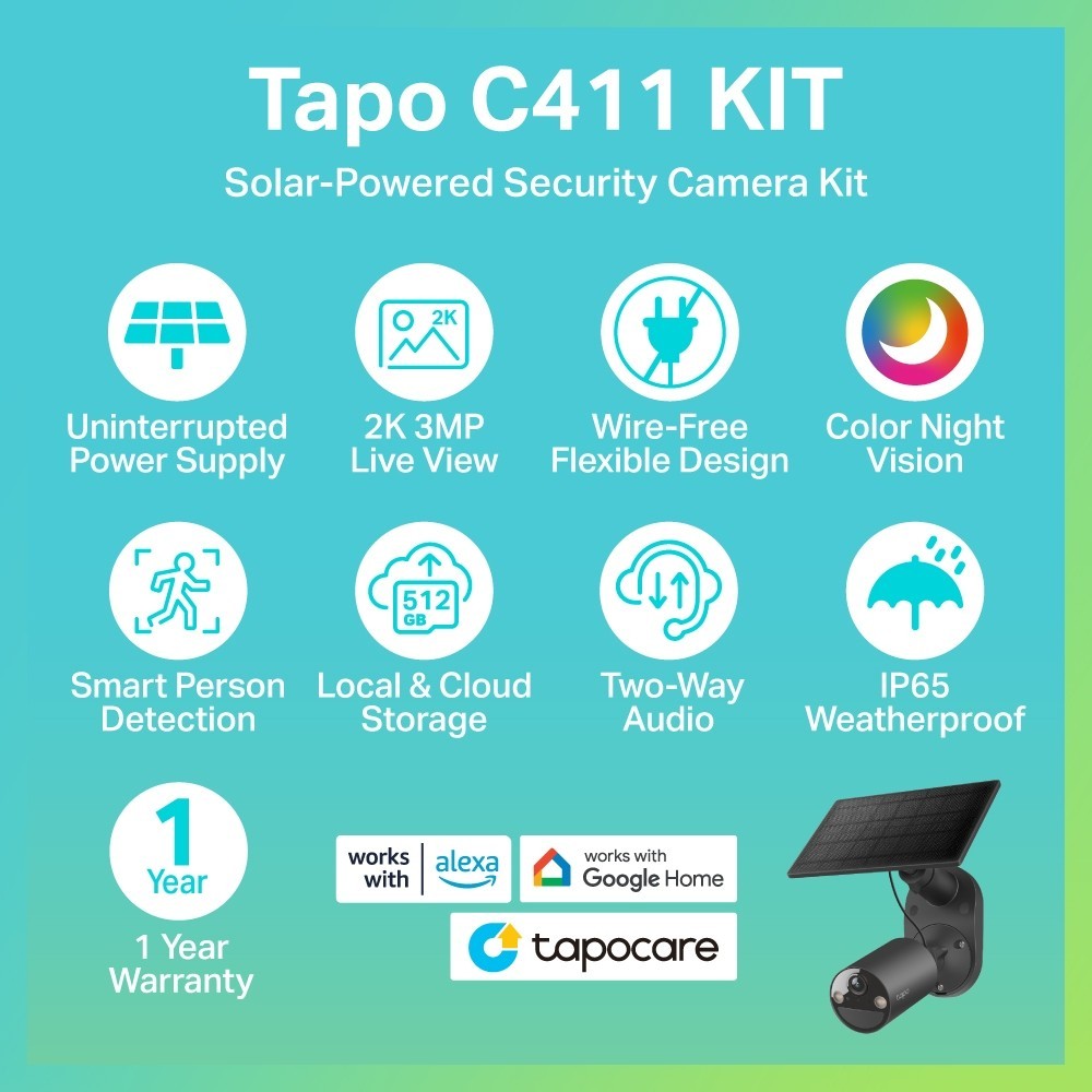 TP-Link Tapo C411 KIT กล้องวงจรปิด3MP พร้อมโซลาร์เซลล์ Solar-Powered Security Camera Kit