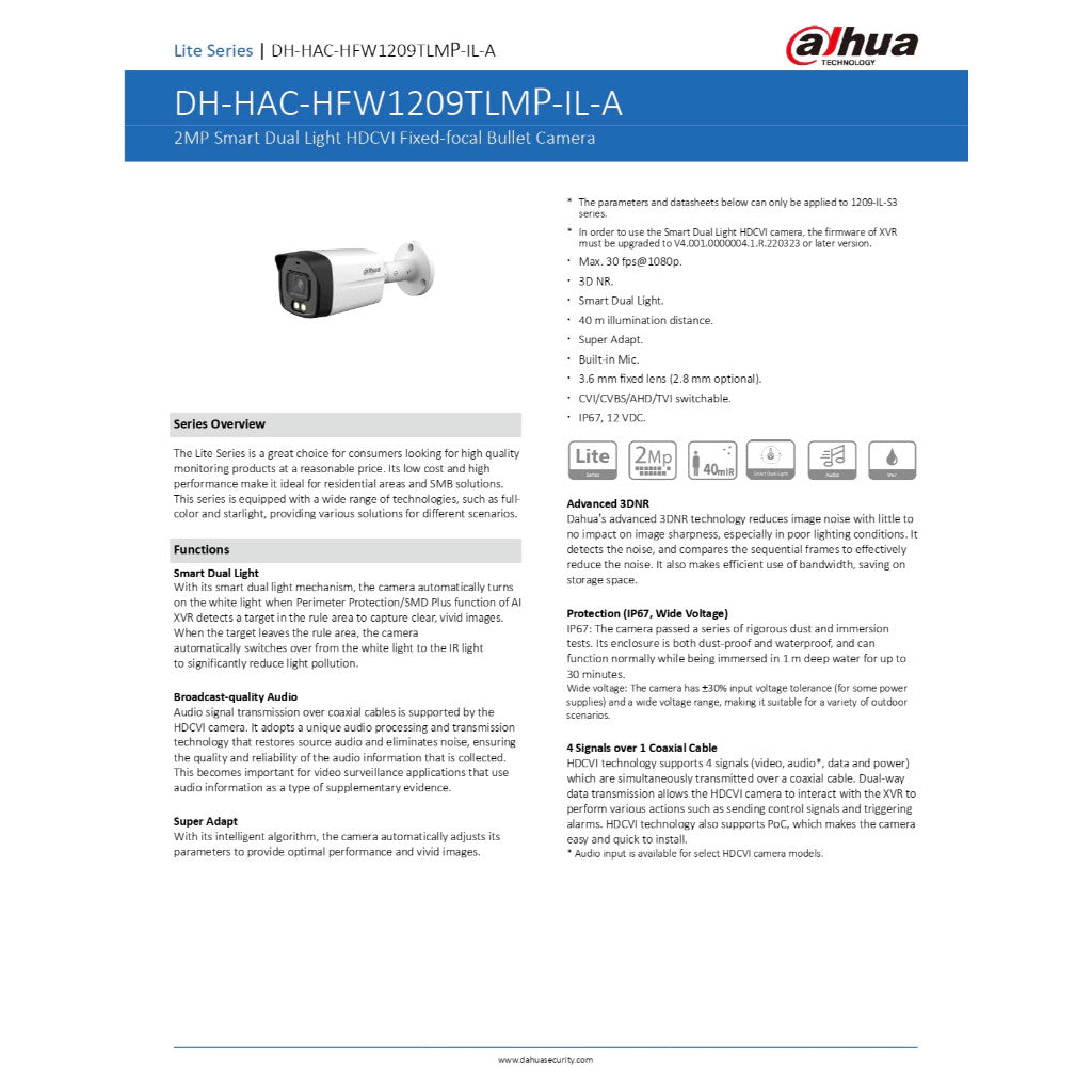 DAHUA HAC-HFW1209TLMP-IL-A (2.8MM /3.6MM) กล้องวงจรปิด 2MP Smart Dual Light Bullet Camera