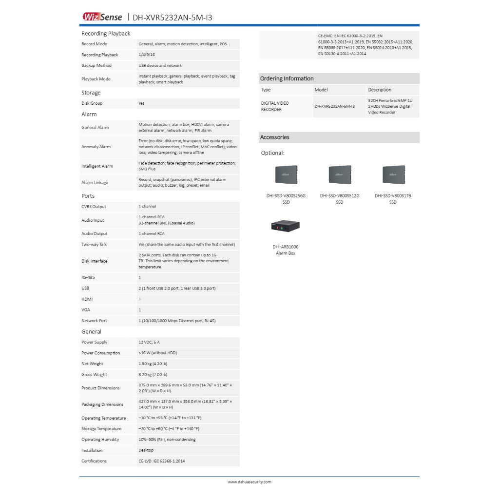 DAHUA XVR5232AN-5M-I3 (32CH) เครื่องบันทึกสำหรับกล้องระบบHD Penta-brid 5MP 2HDDs WizSense