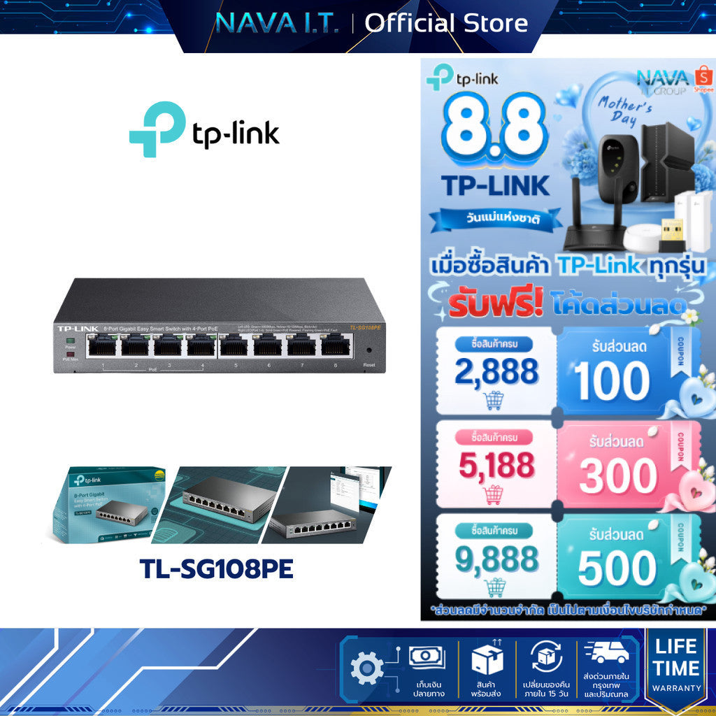 TP-Link TL-SG108PE สวิตช์ 8 พอร์ต Gigabit พร้อม PoE 4 พอร์ต  เสถียร ไม่ต้องเดินสายไฟแยก