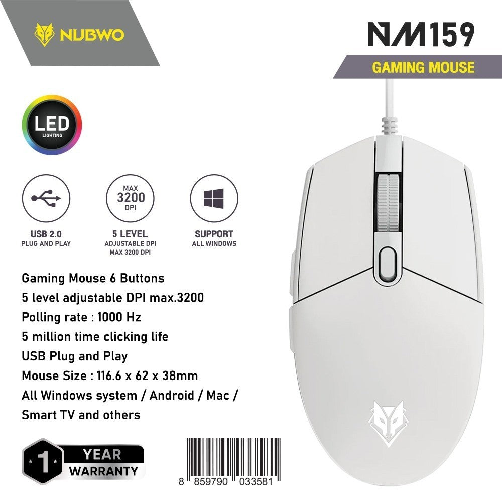 NUBWO NM159 Gaming Mouse USB เม้าส์ แบบมีสาย (BLACK/WHITE) สินค้ารับประกัน 1 ปี