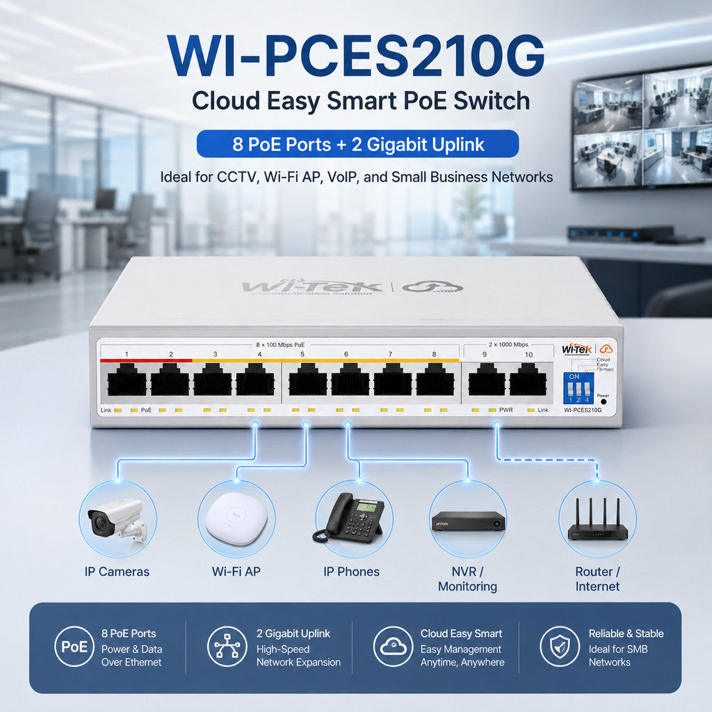 Wi-Tek WI-PCES210G Cloud Easy Smart POE Switch 8 Port รับประกัน 3 ปี สวิตช์เครือข่ายสำหรับกล้องวงจรปิด