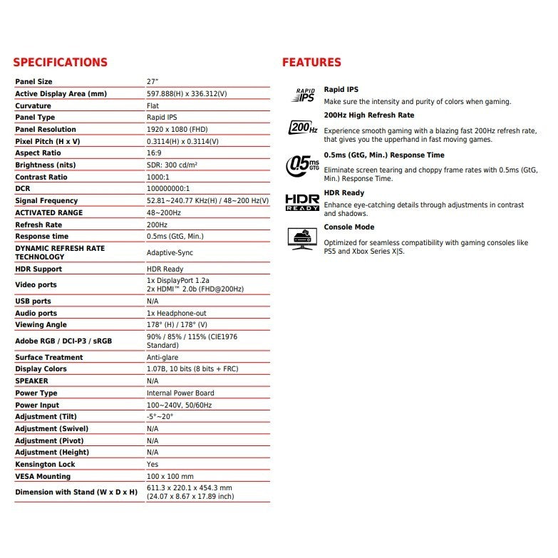 MSI GAMING MONITOR (จอมอนิเตอร์) MAG 275F E20 27