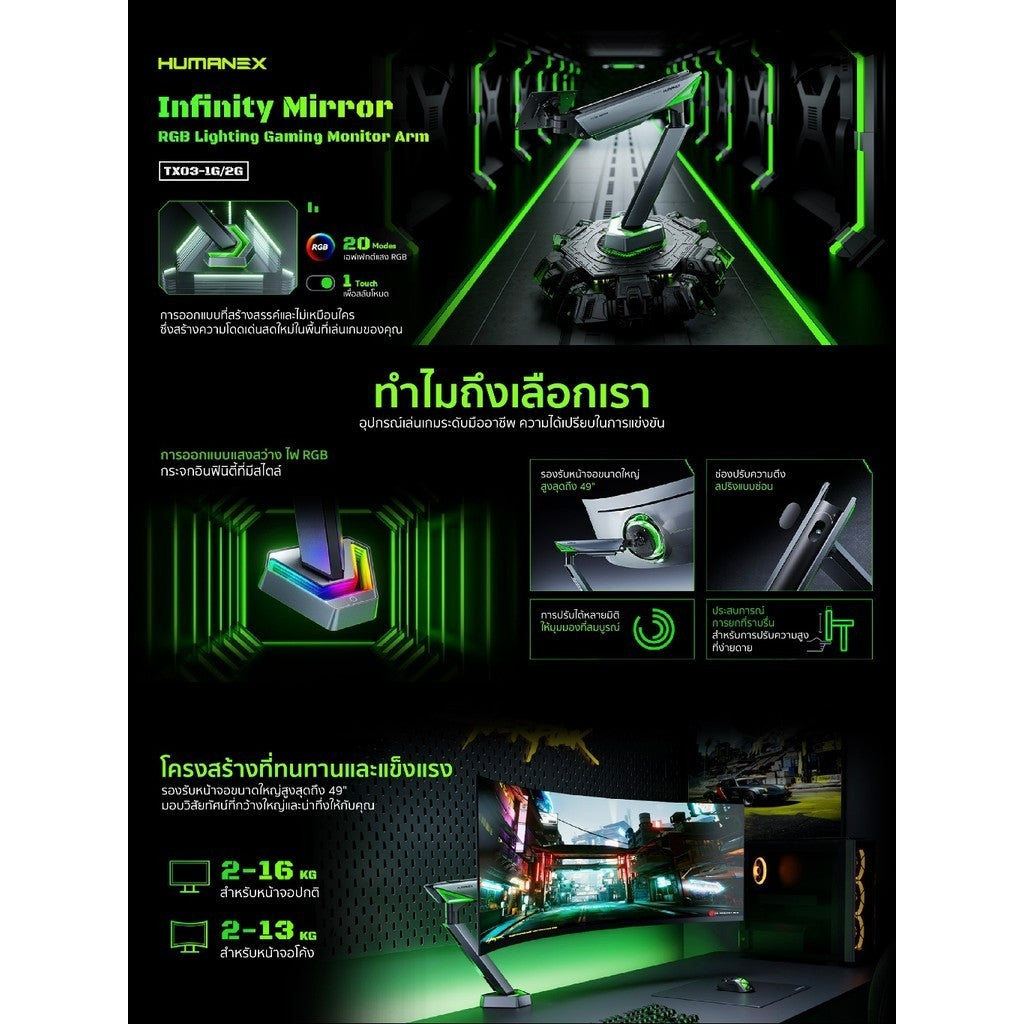 Humanex Monitor Arm(ขาตั้งจอมอนิเตอร์) TX03-1G / TX03-2G Infinity Mirror RGB Lighting รับประกัน 3 ปี