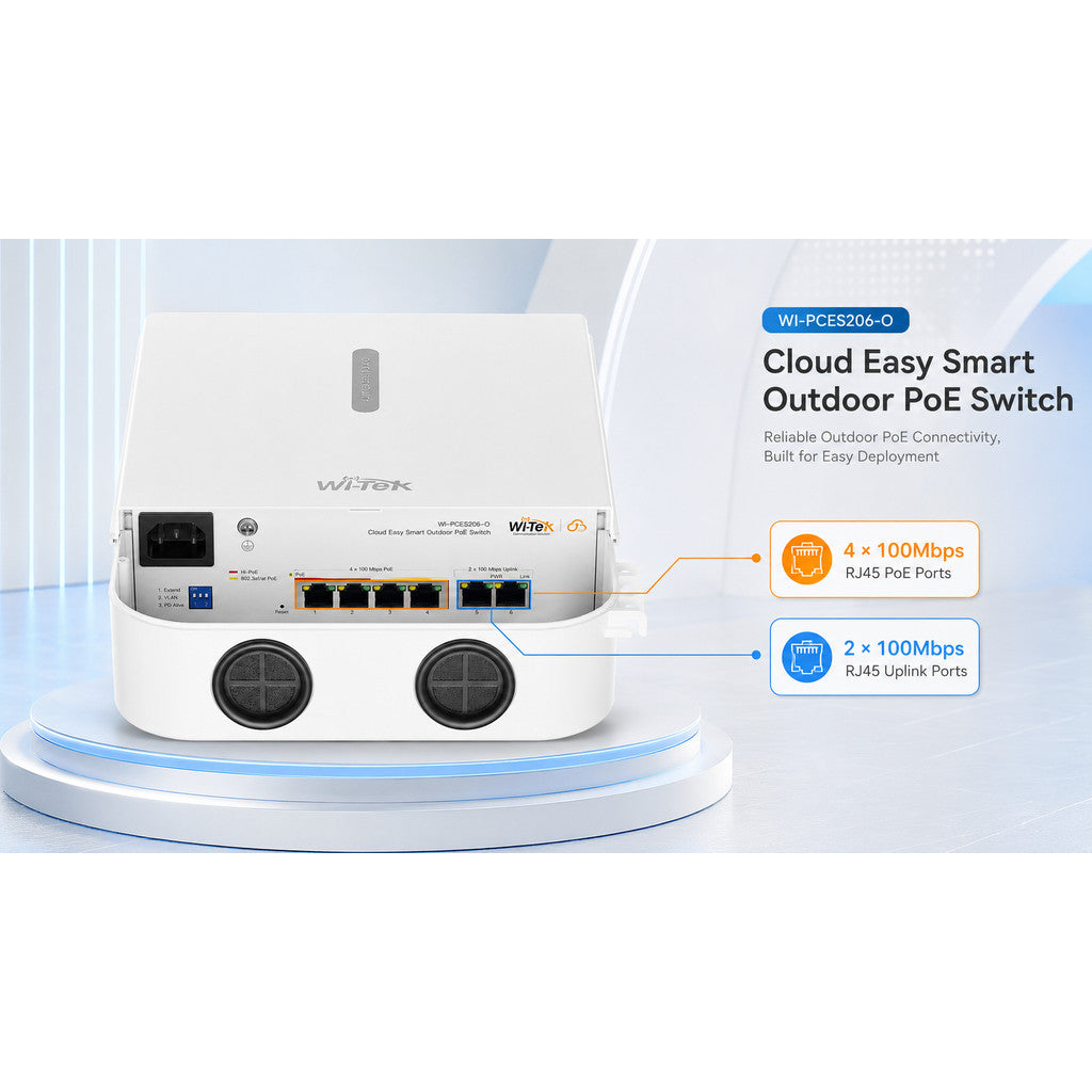 Wi-Tek WI-PCES206-O Cloud Outdoor POE Switch 4 Port สำหรับใช้งานภายนอก รับประกัน 3 ปี ตัวเครื่องกันน้ำและกันฝุ่นระดับ IP65