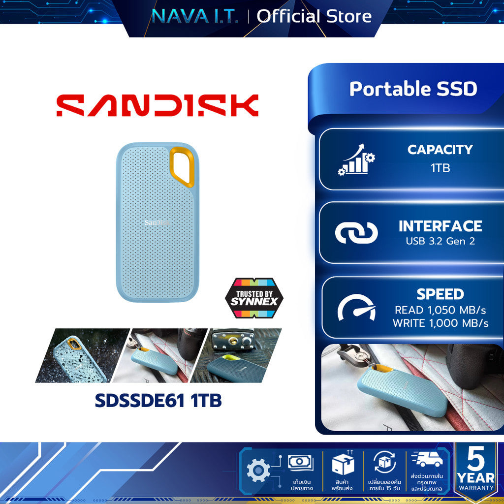 SANDISK PORTABLE SSD (เอสเอสดีพกพา) EXTREME 1TB USB 3.2 Gen 2 (SKY BLUE) (SDSSDE61-1T00-G25B) W 5 Y.