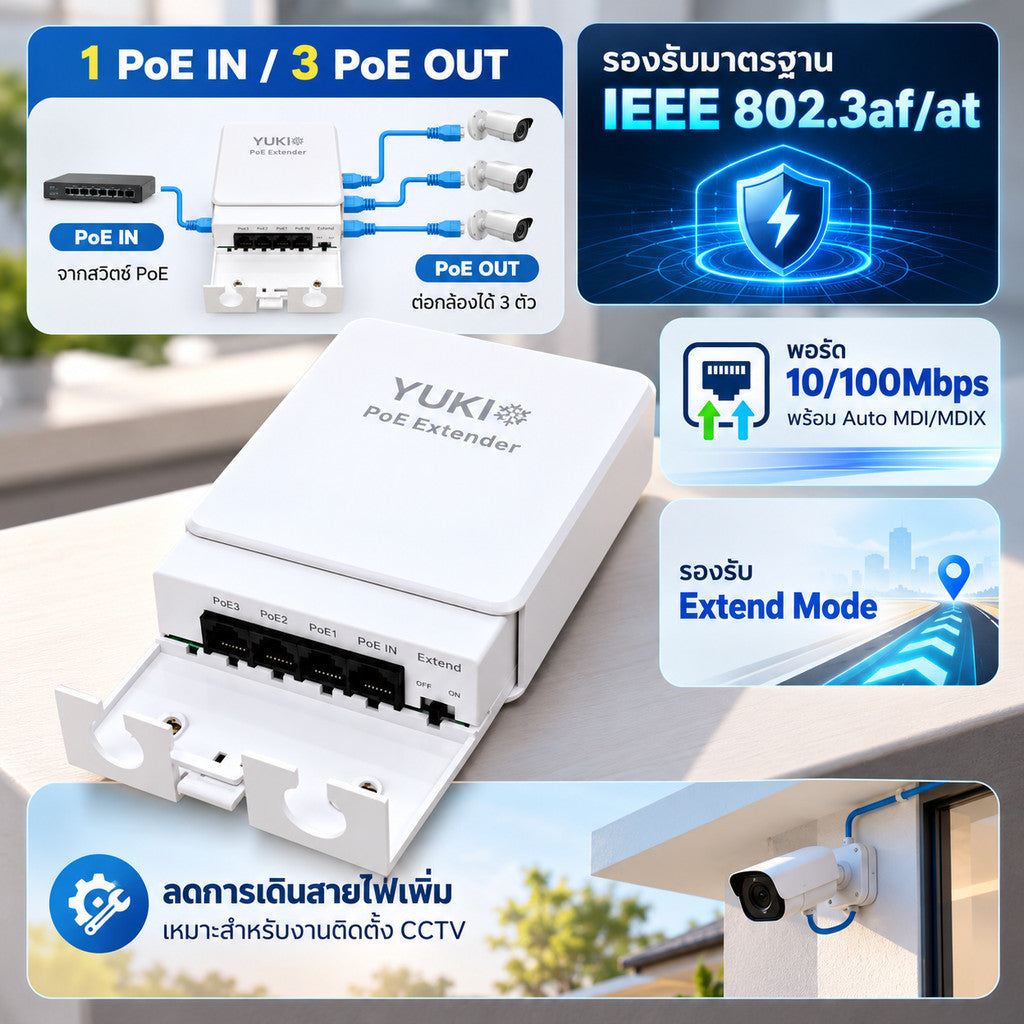YUKI YK-OPE-31 Outdoor PoE Extender ตัวขยายสัญญาณ LAN พร้อมไฟ PoE สำหรับใช้ภายนอกอาคาร