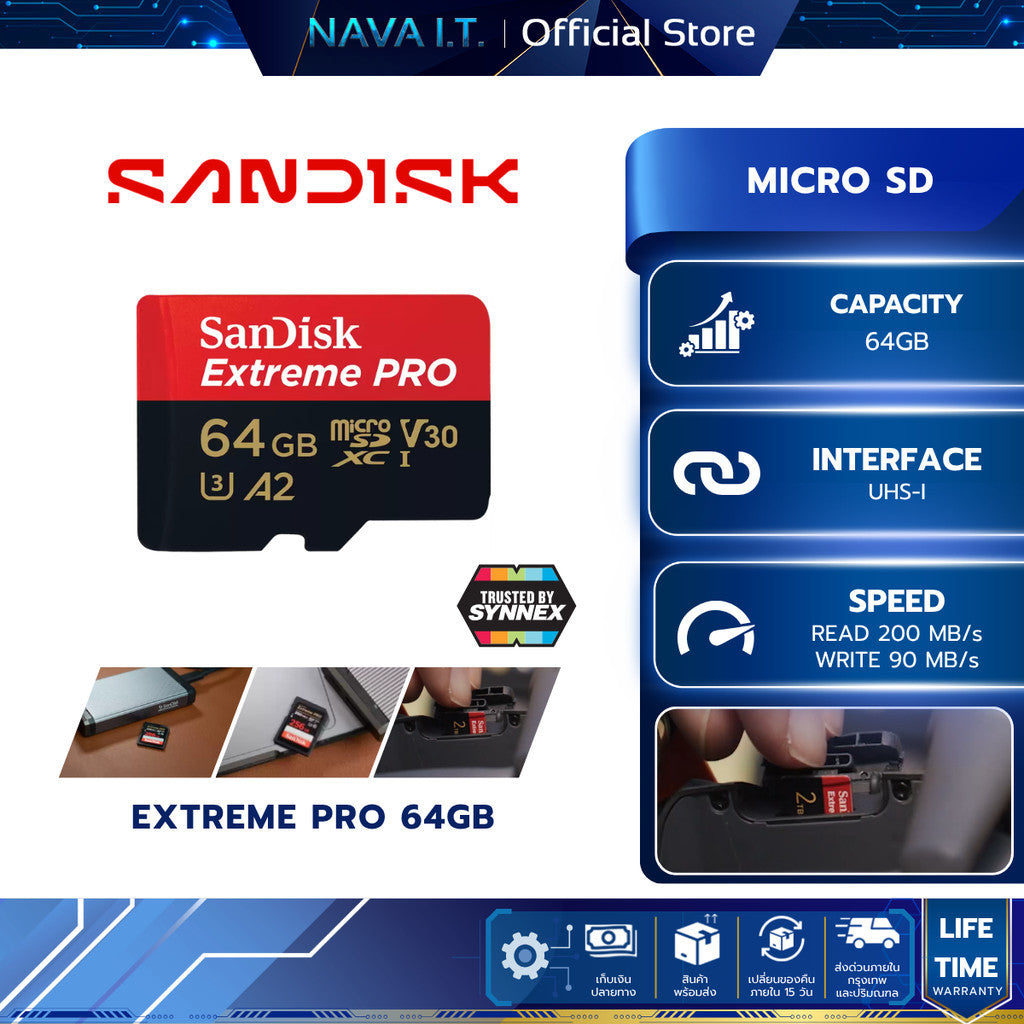 SANDISK MICRO SD (ไมโครเอสดีการ์ด) EXTREME PRO 64GB UHS-I (SDSQXCU-064G-GN6MA) LIFETIME WARRANTY
