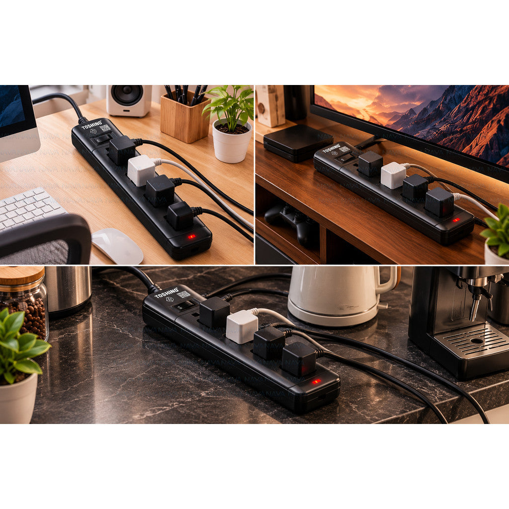 Toshino SO-45 BK รางปลั๊กไฟ 4 ช่อง 1 สวิตช์ รองรับ 2300W พร้อมระบบป้องกันไฟกระชากและม่านนิรภัย