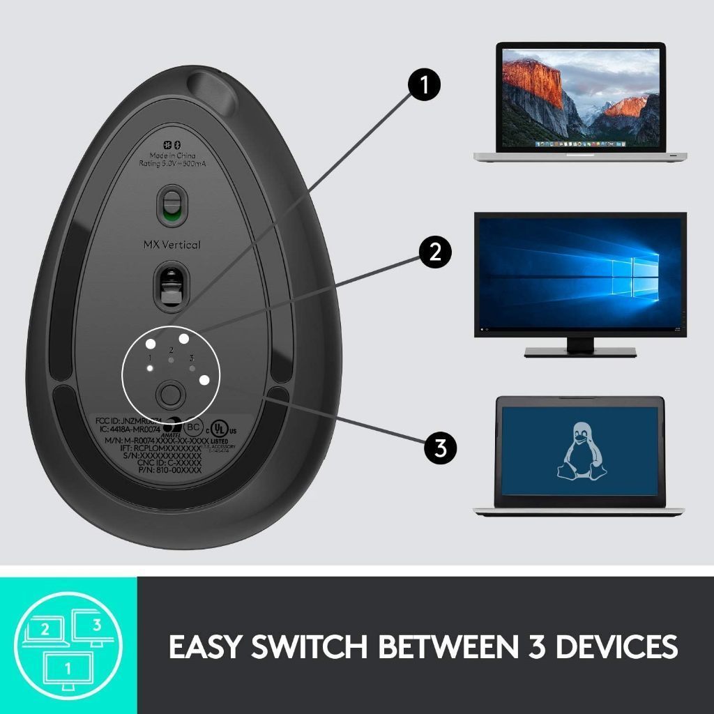 LOGITECH MX Vertical Ergonomic Wireless Mouse 4000DPI / BLUETOOTH / RECEPTOR USB