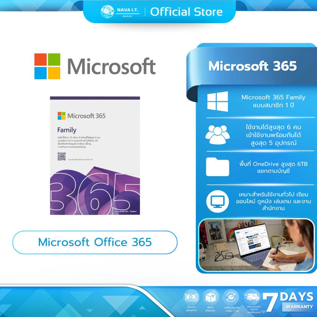 MICROSOFT OFFICE 365 (ระบบปฏิบัติการ) MICROSOFT 365 FAMILY ENG 1YEAR APAC (EP2-36878) W. 7 DAYS