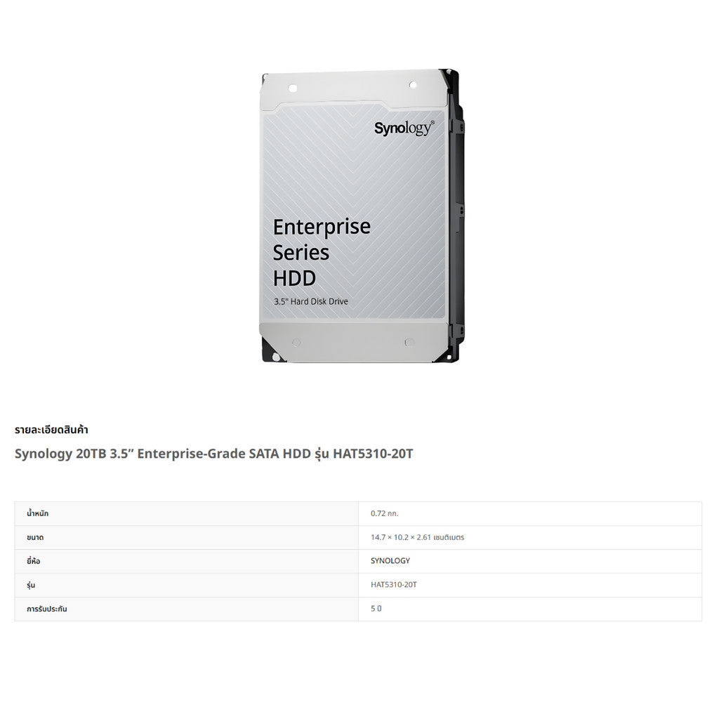 SYNOLOGY HDD 20TB 3.5 Enterprise-Grade SATA HDD (ฮาร์ดดิสก์) (SNG-HAT5310-20T) รับประกัน 5 ปี