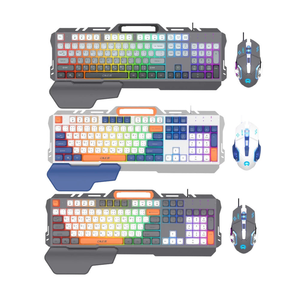 OKER ชุดเซ็ตคีย์บอร์ด&เมาส์เกมมิ่งไฟเรืองแสงง หัวเสียบ USB คีย์บอร์ดคุณภาพสูง
