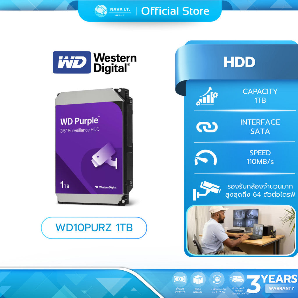 WD HDD (ฮาร์ดดิสก์) WD PURPLE 1TB SATA 5400RPM (WD10PURZ) WARRANTY 3 YEARS