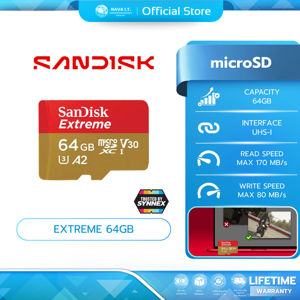 SANDISK MICRO SD (ไมโครเอสดีการ์ด) Extreme 64GB UHS-I (SDSQXAH-064G-GN6MN) LIFETIME WARRANTY