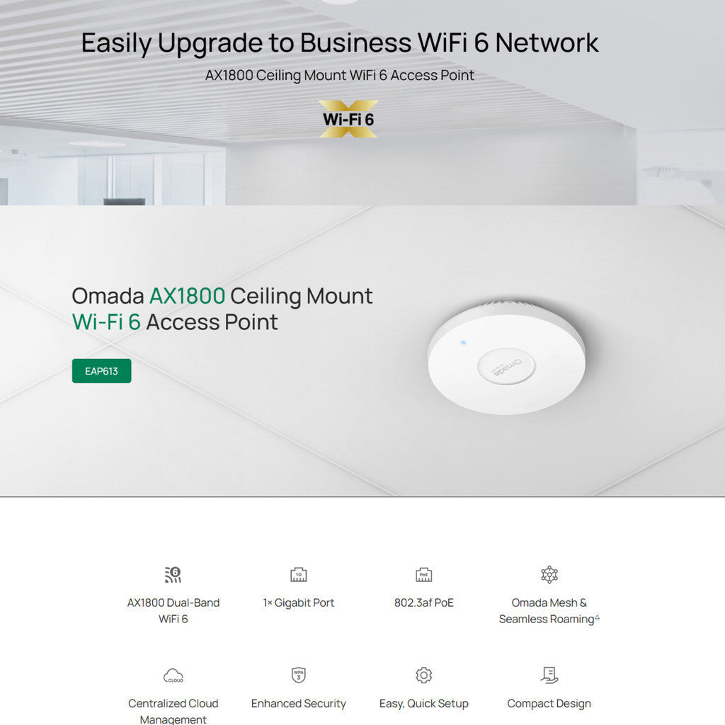TP-Link EAP613 V.1 AX1800 WiFi 6 Access Point แอคเซสพอยต์ ตัวกระจายสัญญาณติดเพดาน รองรับ PoE+ ของแท้ ประกันศูนย์Lifetime