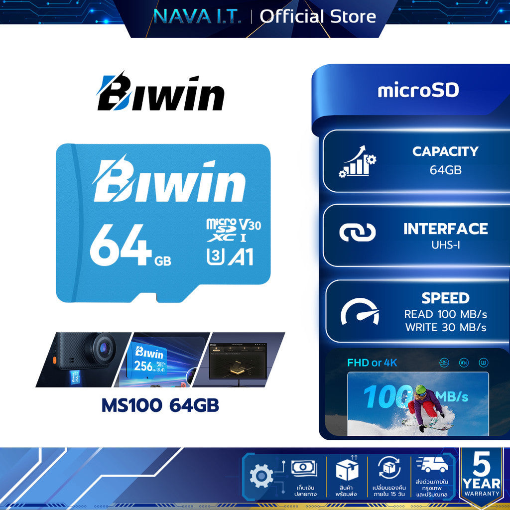 BIWIN MICRO SD (ไมโครเอสดีการ์ด) MS100 64GB UHS-I (ACC-BIW-MS100 64GB) WARRANTY 5 YEARS