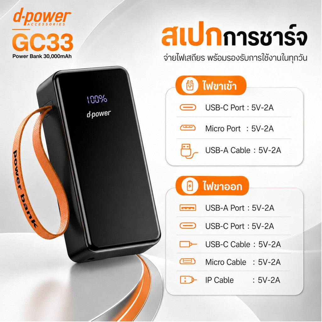 D-POWER POWERBANK รุ่น GC33 4in1 พาวเวอร์เเบงค์ แบตสำรองความจุ 30,000mAh มาพร้อมดีไซน์แข็งแรง พกพาสะดวก