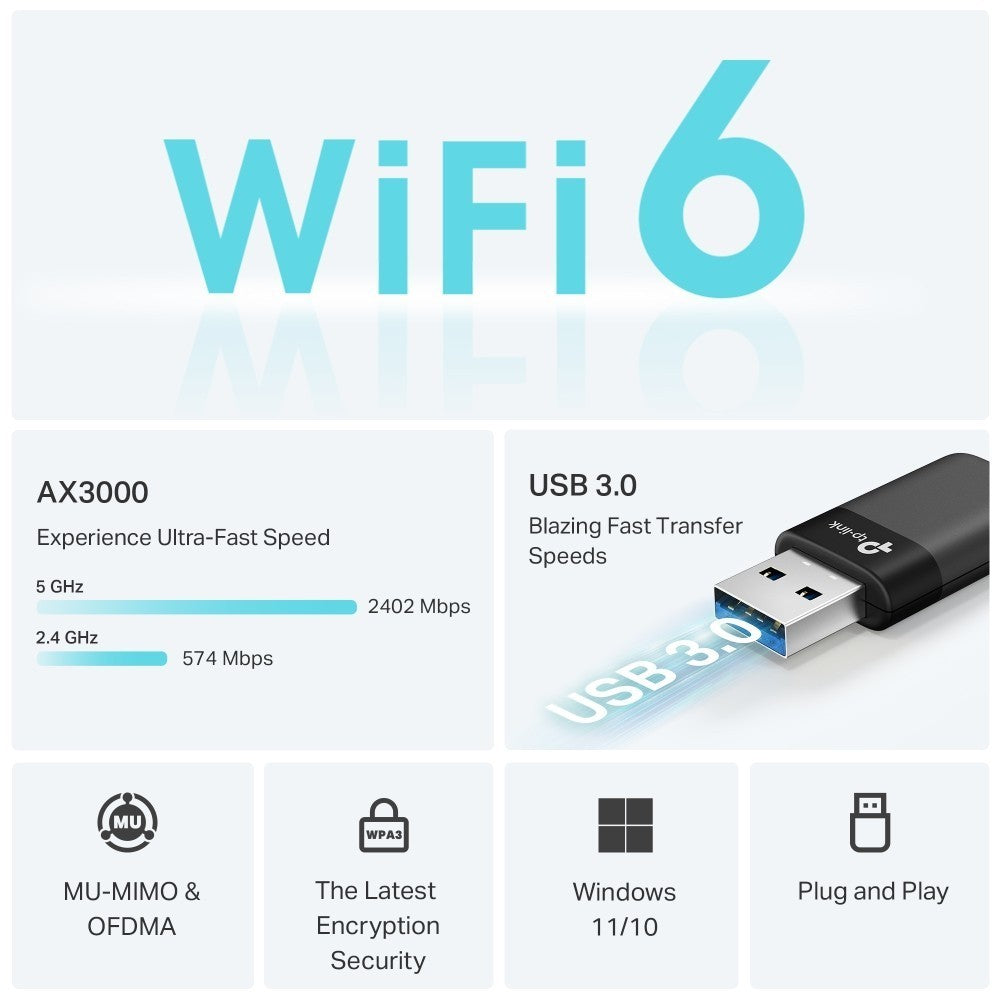 TP-Link Archer TX50U ตัวรับสัญญาณ Wi-Fi 6 AX3000 USB 3.0 อะแดปเตอร์ไวไฟคอมพิวเตอร์ เสียบแล้วใช้ได้เลย ประกันศูนย์
