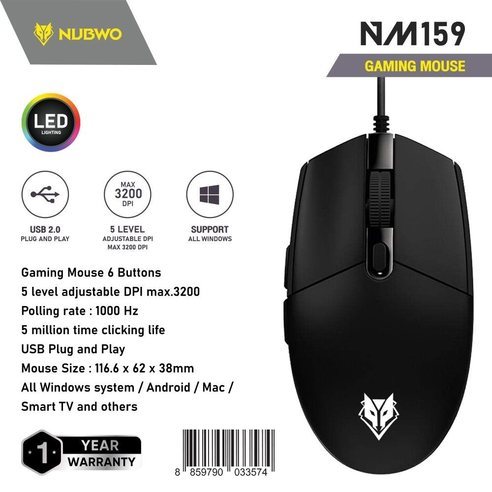 NUBWO NM159 Gaming Mouse USB เม้าส์ แบบมีสาย (BLACK/WHITE) สินค้ารับประกัน 1 ปี
