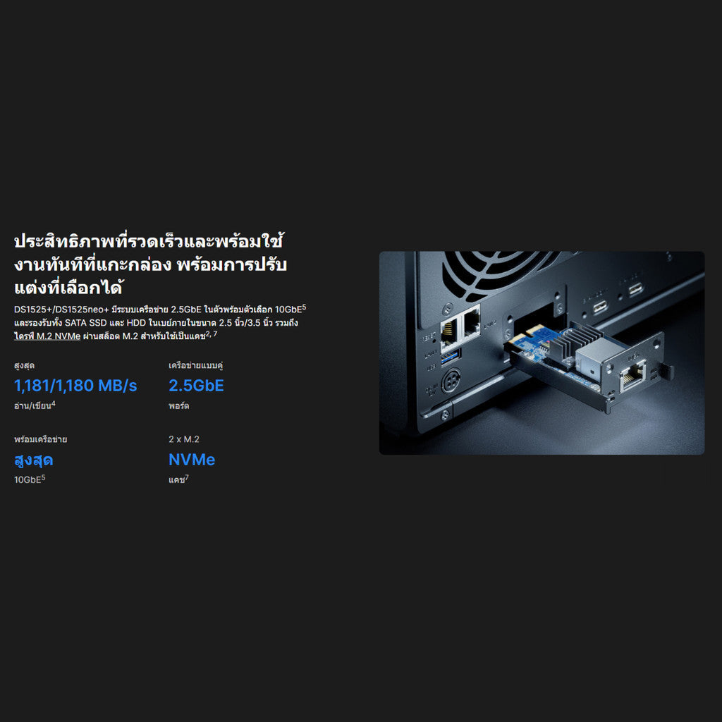 SYNOLOGY DISKSTATION (อุปกรณ์จัดเก็บข้อมูลบนเครือข่าย) DS1525+ 5 BAY AMD Ryzen V1500B WARRANTY 3 Y.