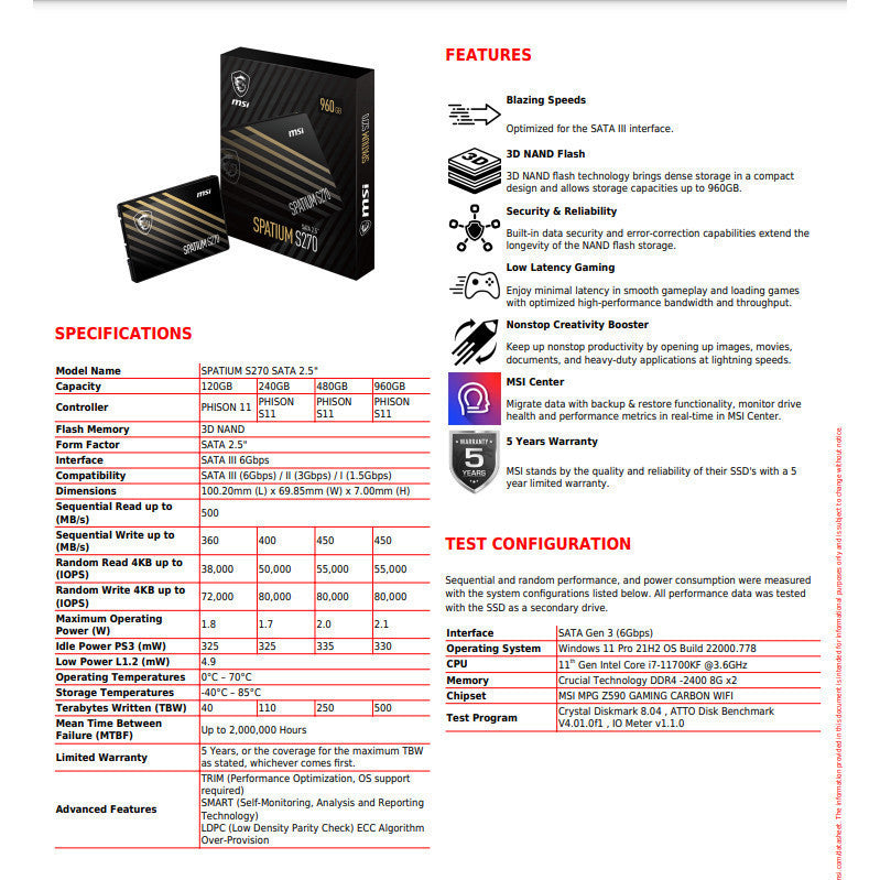 MSI SSD (เอสเอสดี) SPATIUM S270 120GB / 240GB / 480GB SATA 2.5