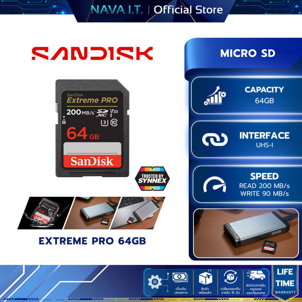 SANDISK MICRO SD (ไมโครเอสดีการ์ด) EXTREME PRO 64GB UHS-I LIFETIME WARRANTY