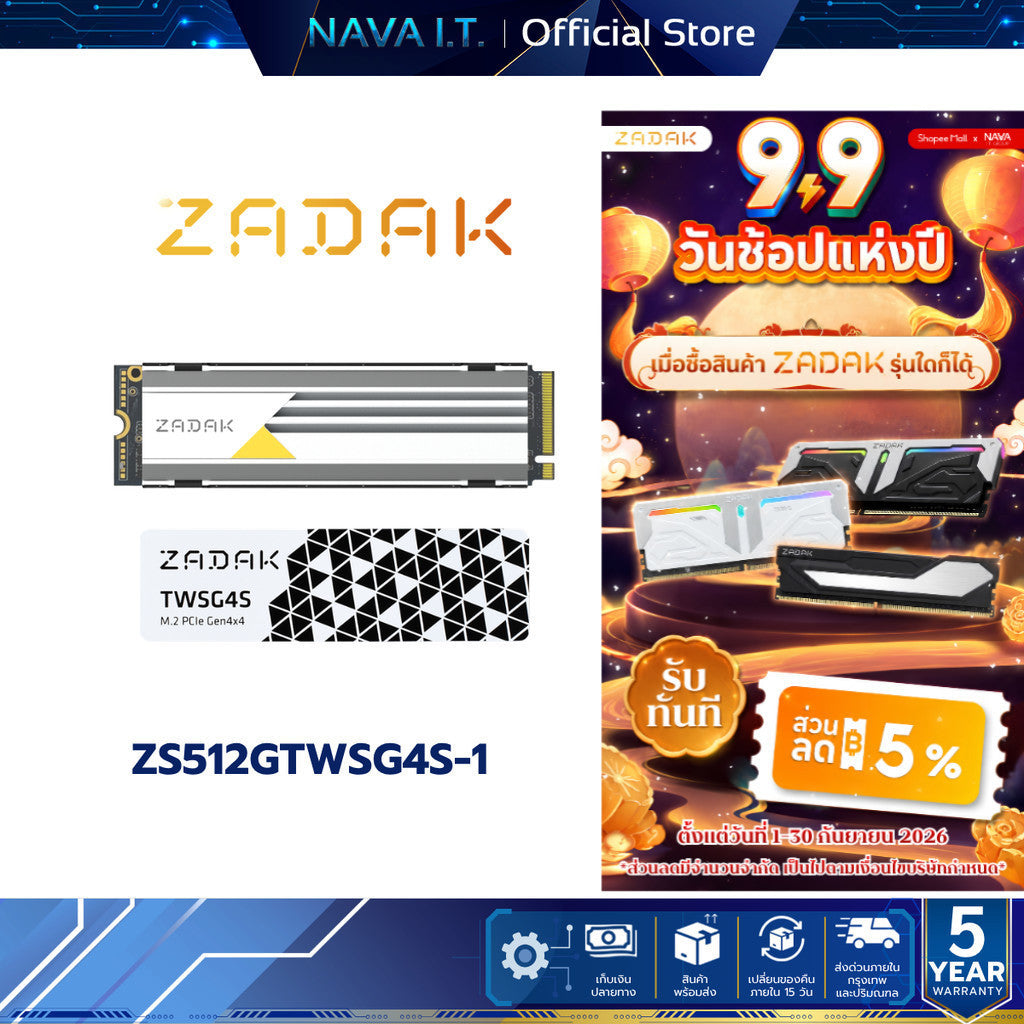 ZADAK SSD M.2 (เอสเอสดี) TWSG4S 512GB PCIe Gen4x4 NVMe 1.4 7,000/3,800 MB/s ZS512GTWSG4S-1 WARRANTY 5 YEAR