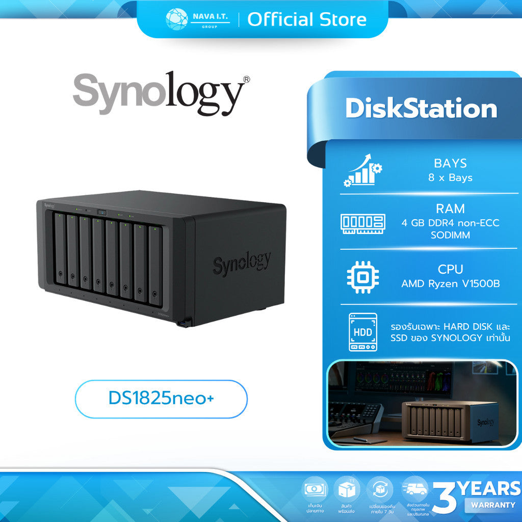 SYNOLOGY DISKSTATION (อุปกรณ์จัดเก็บข้อมูลบนเครือข่าย) DS1825NEO+ 8Bays AMD Ryzen V1500B W. 3 Y.