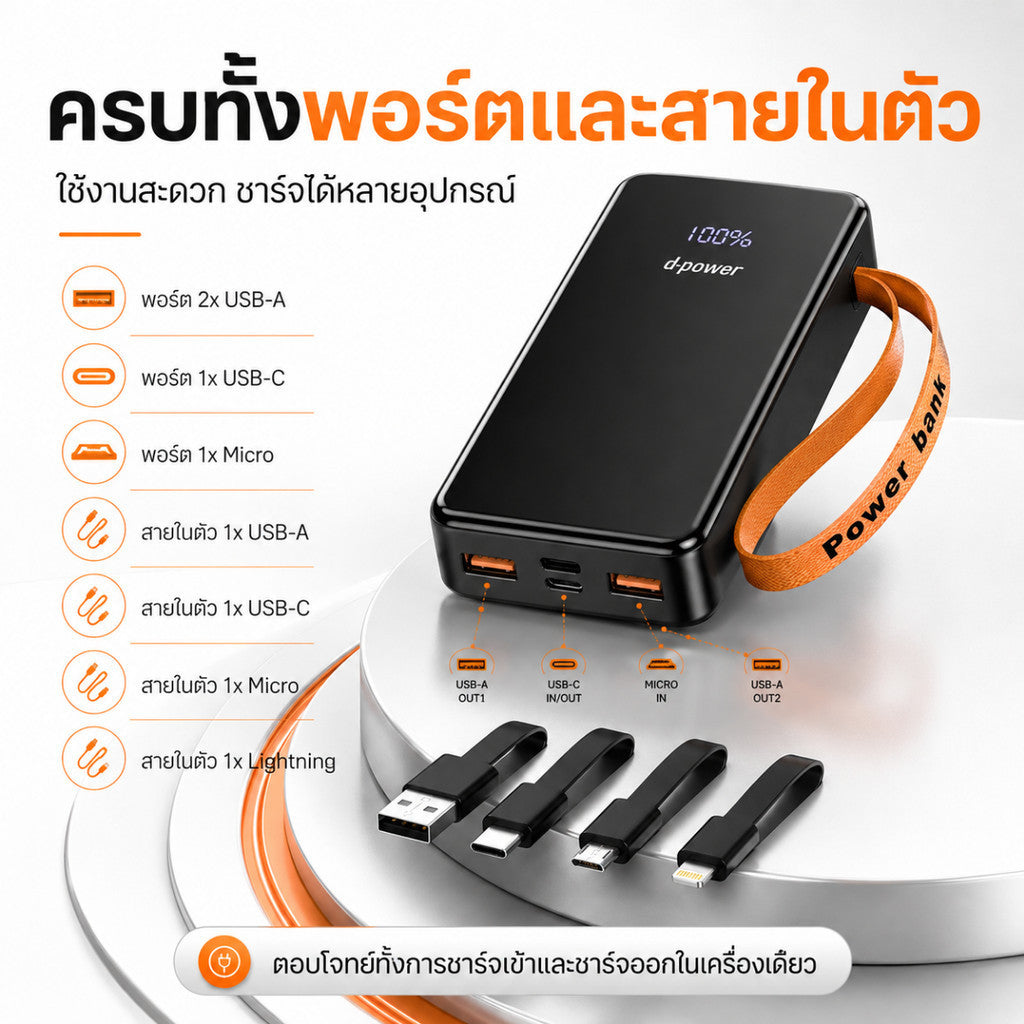 D-POWER POWERBANK รุ่น GC33 4in1 พาวเวอร์เเบงค์ แบตสำรองความจุ 30,000mAh มาพร้อมดีไซน์แข็งแรง พกพาสะดวก
