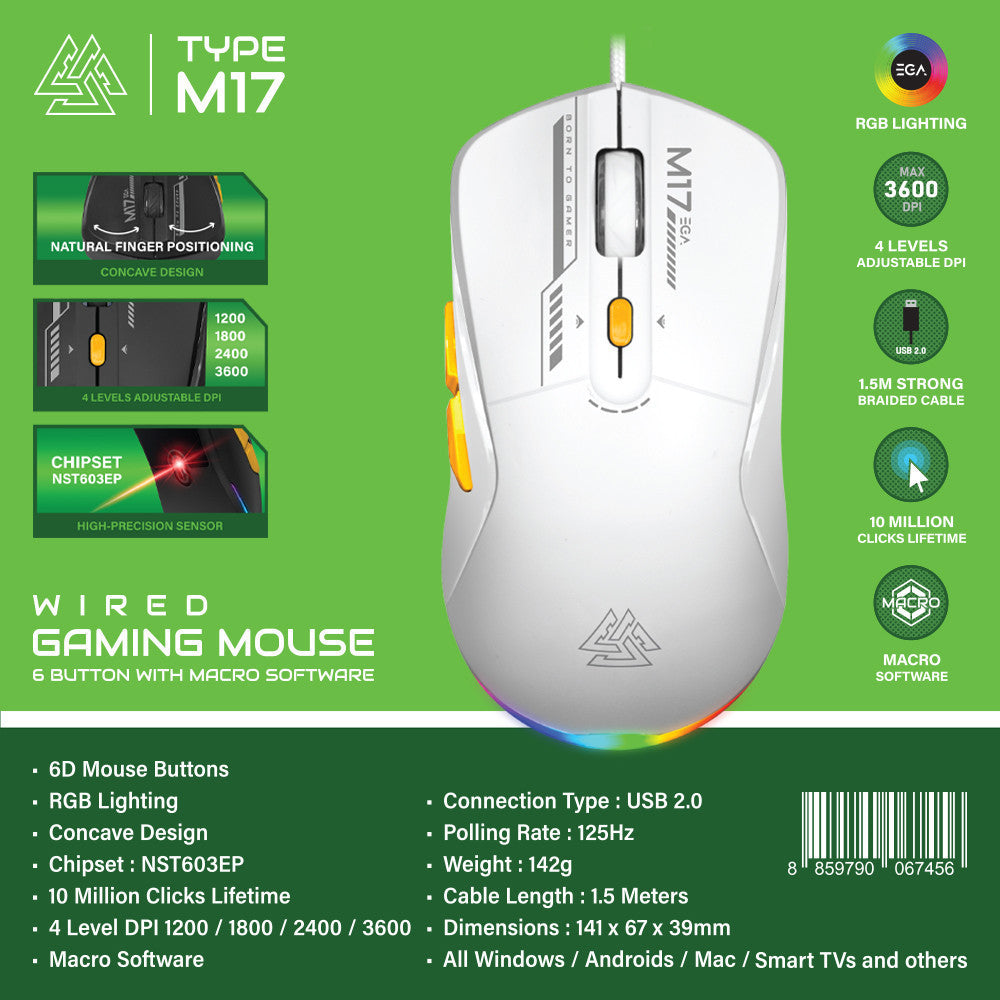 EGA เมาส์เกมมิ่ง รุ่น TYPE M17 ที่ตอบสนองรวดเร็วและแม่นยำ รับประกัน 2 ปี
