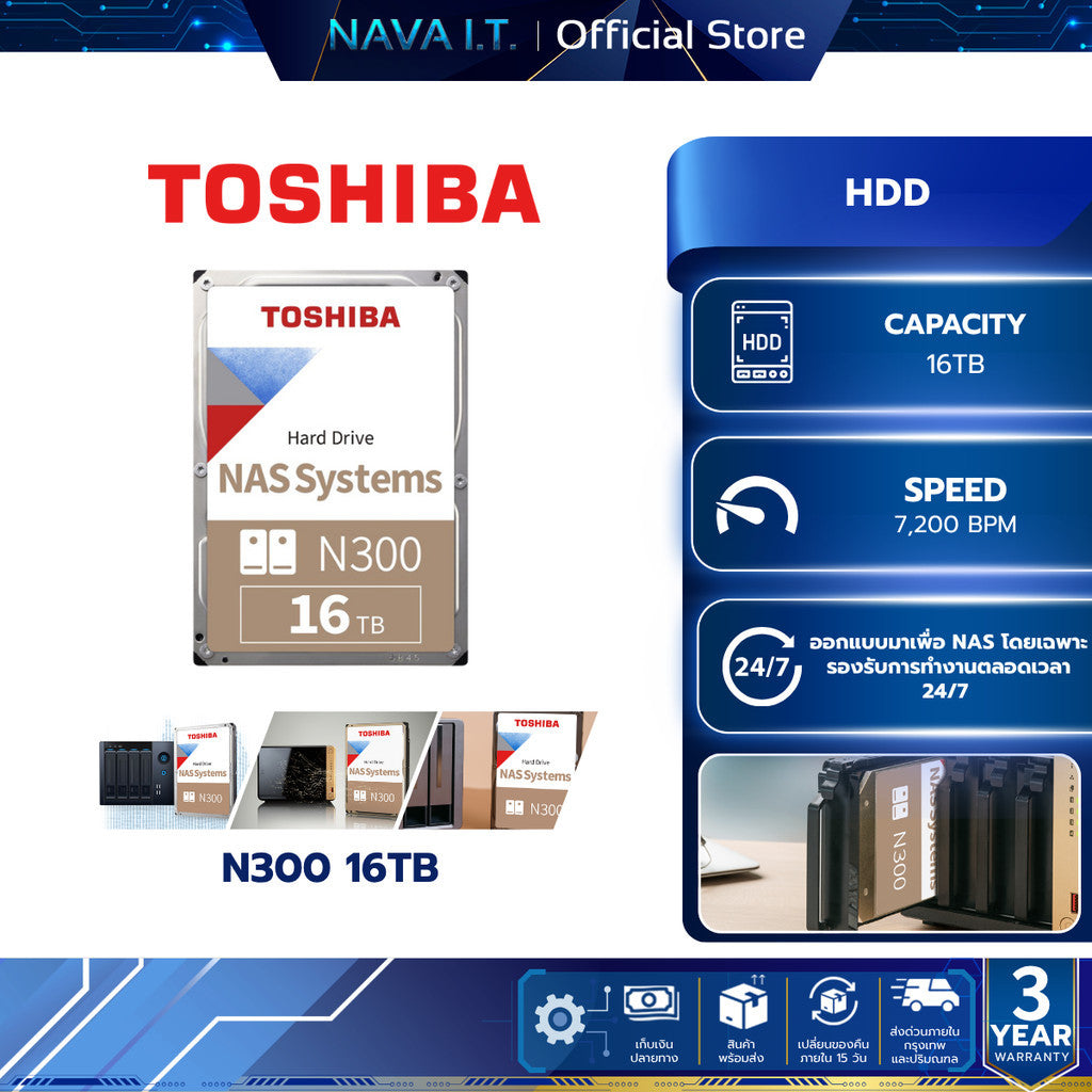 TOSHIBA HDD (ฮาร์ดดิส) N300 16TB SATA III 7200rpm (HDWG31GUZSVA) WARRANTY 3 YEAR