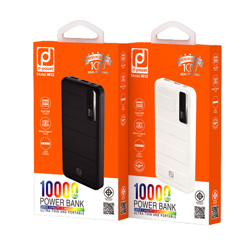 D-POWER รุ่น M12 POWERBANK พาวเวอร์เเบงค์ ความจุ 10,000mAh ดีไซน์บาง น้ำหนักเบา พกพาสะดวก USB-A 2 ช่อง