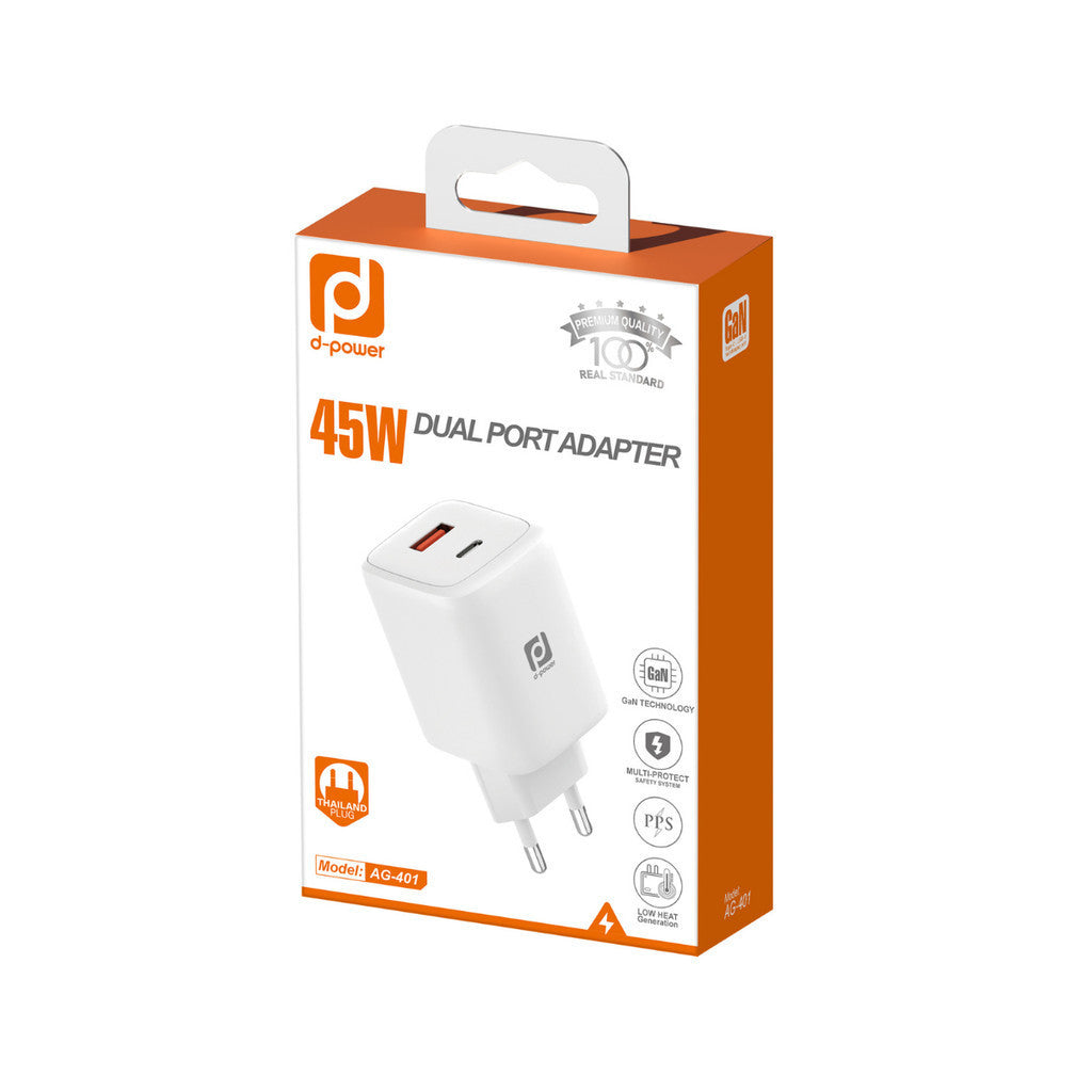 D-POWER รุ่น AG-401 อะแดปเตอร์ หัวชาร์จ ชาร์จเร็ว Fast Charge 45W Port USB-C / USB-A ปลั๊กขากลม ปลอดภัย