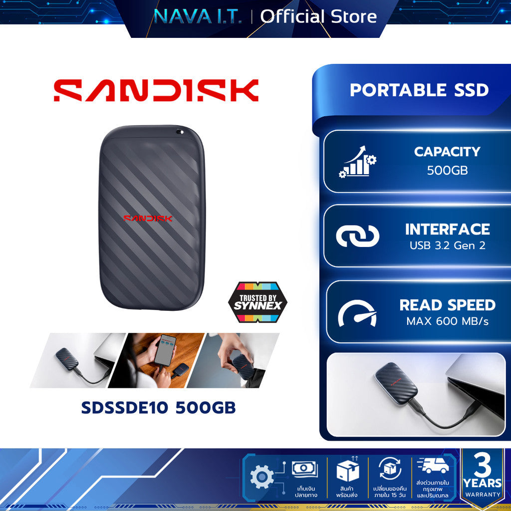 SANDISK PORTABLE SSD (เอสเอสดีพกพา) SDSSDE10 500GB USB 3.2 Gen 2 (SDSSDE10-500G-G25) WARRANTY 3 Y.