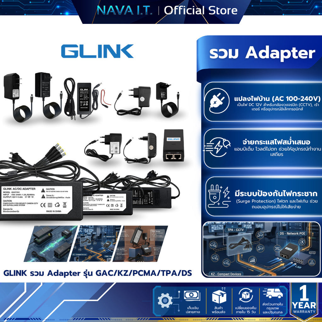 GLINK รวม Adapter รุ่น GAC/KZ/PCMA/TPA/DS POWER ADAPTER FOR CCTV 12V/1A