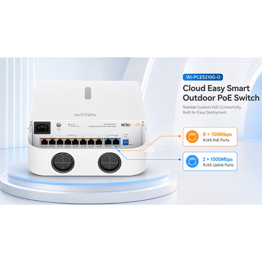 Wi-Tek WI-PCES210G-O Cloud Outdoor POE Switch 8 Port สำหรับใช้งานภายนอก รับประกัน 3 ปี ตัวเครื่องกันน้ำและกันฝุ่นระดับ IP65