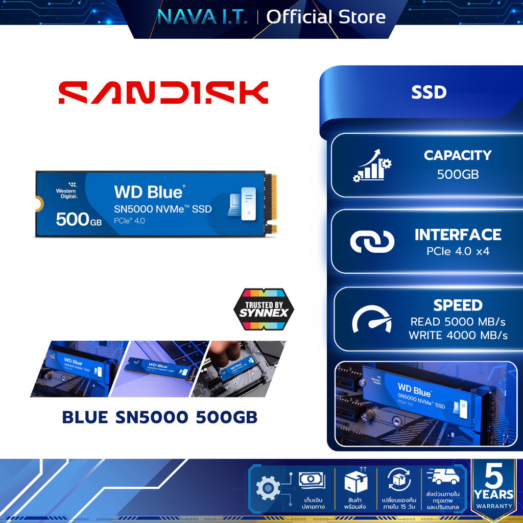SANDISK SSD (เอสเอสดี) BLUE SN5000 500GB PCIe 4.0 (WDS500G4B0E-00CNZ0) WARRANTY 5 YEARS