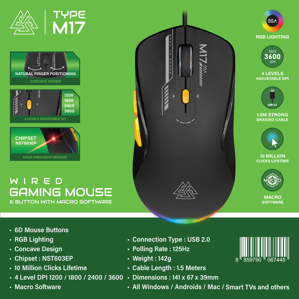 EGA เมาส์เกมมิ่ง รุ่น TYPE M17 ที่ตอบสนองรวดเร็วและแม่นยำ รับประกัน 2 ปี