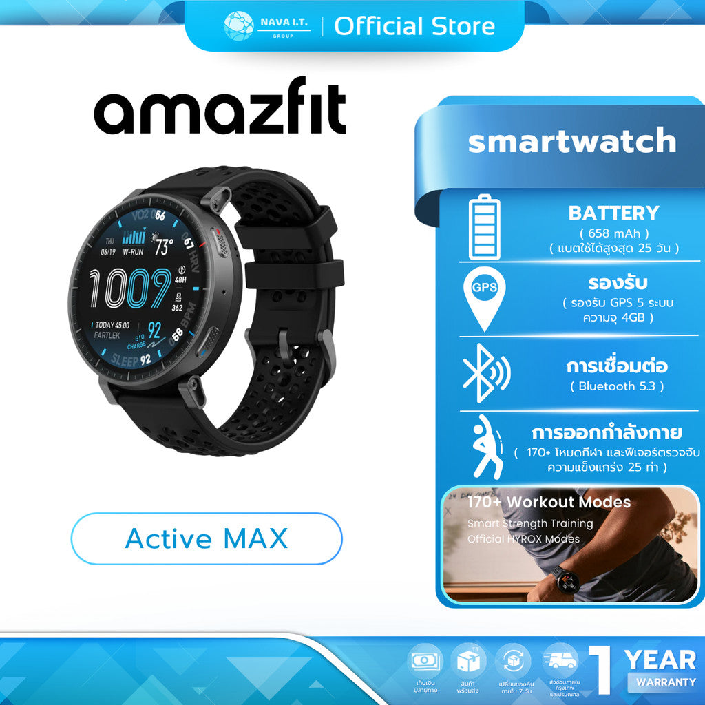 Amazfit Active MAX SmartWatch นาฬิกาสมาร์ทวอท์ซ หน้าจอ AMOLED ขนาด 1.5 นิ้ว รับประกัน 1ปี
