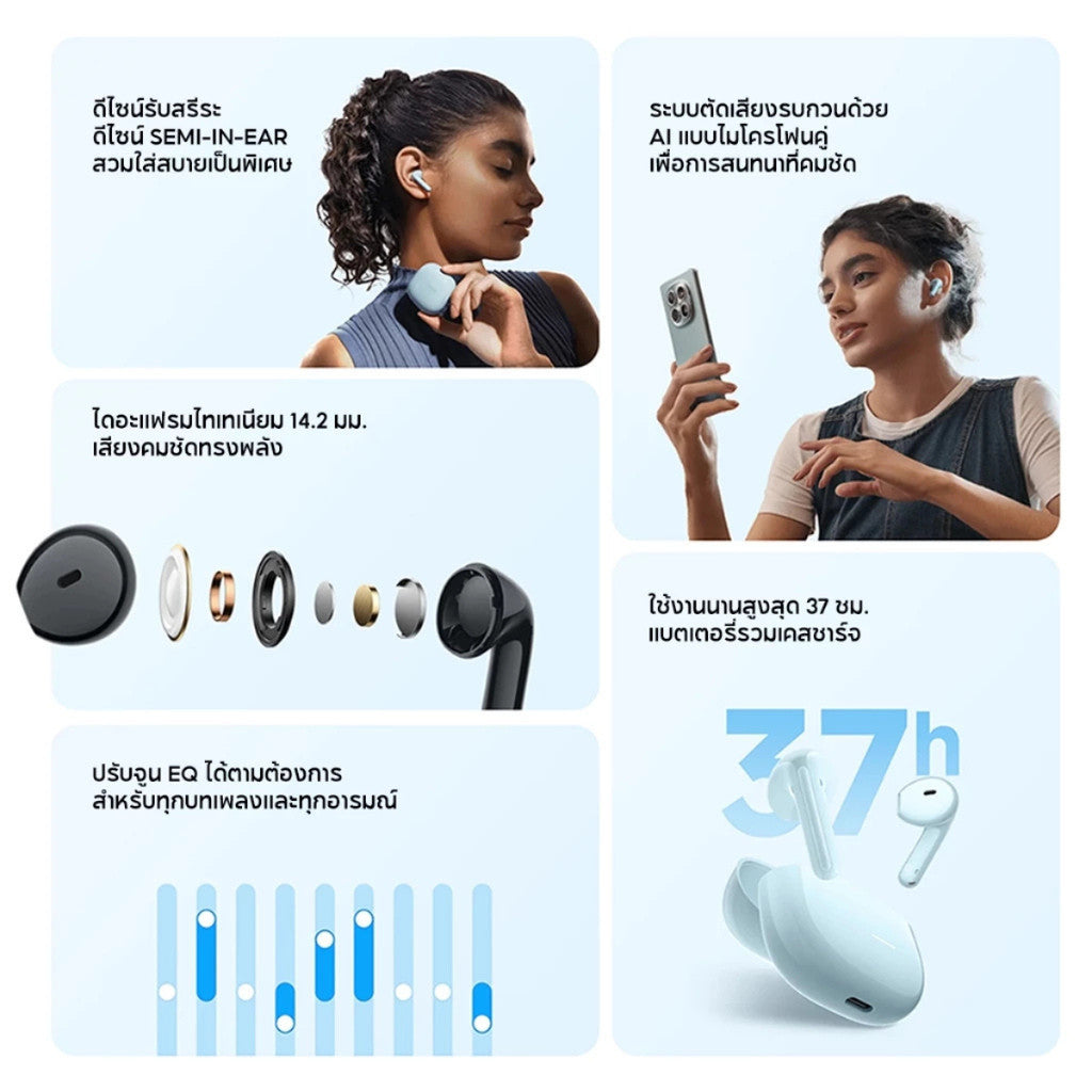 Xiaomi Redmi Buds 8 Active หูฟังไร้สาย หูฟังบลูทูธ ปรับแต่งได้ ไดร์เวอร์ขนาด14.2มม ระบบลดเสียงรบกวน