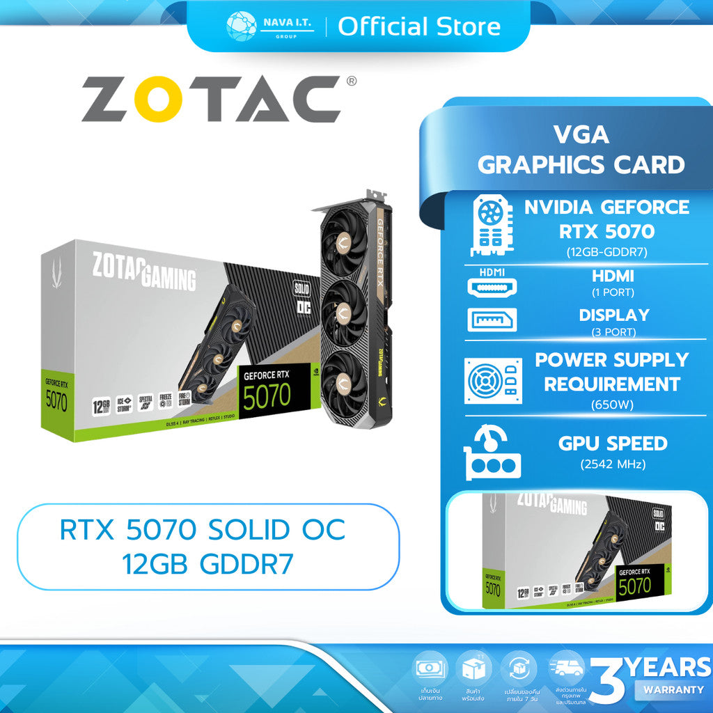 VGA (การ์ดจอ) ZOTAC GAMING GeForce RTX 5070 SOLID OC 12GB รับประกัน 3 ปี