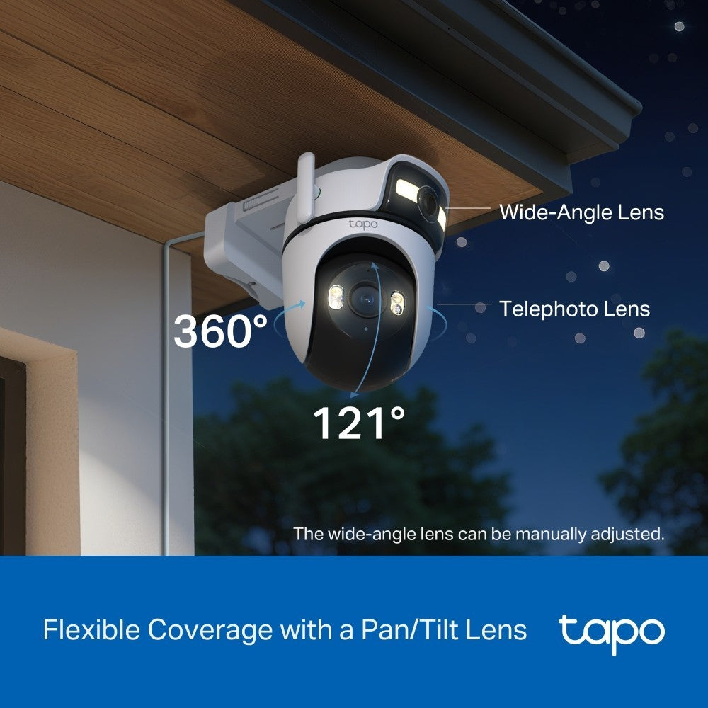 TAPO C545D 2K Outdoor Dual Lens Pan/Tilt Security Camera ออกแบบมาเพื่อลดจุดบอด ระบบมองเห็นภาพสี