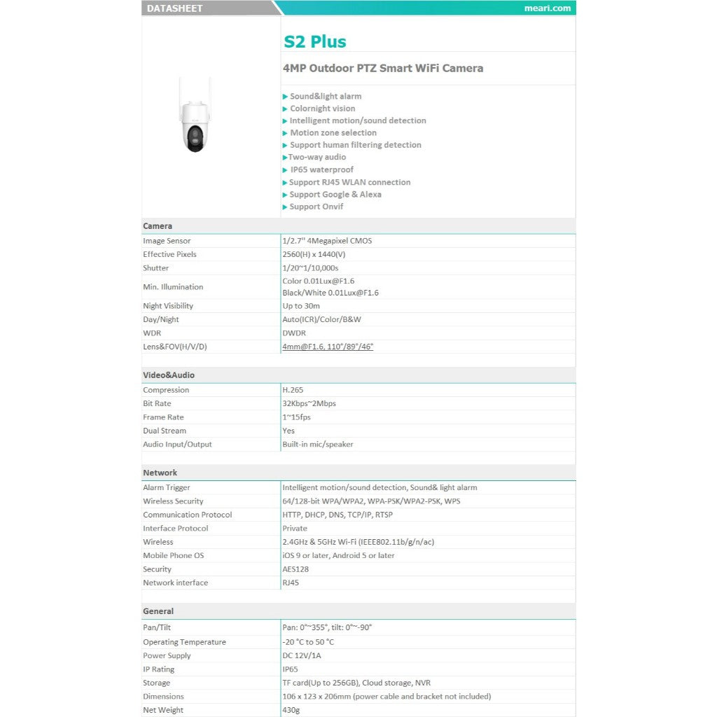 Meari S2 Plus 4MP กล้องวงจรปิด Wi-Fi แบบภายนอก พูดคุยโต้ตอบได้ Auto tracking กล้องวงจรปิดฟรีคราวด์ 10 ปี